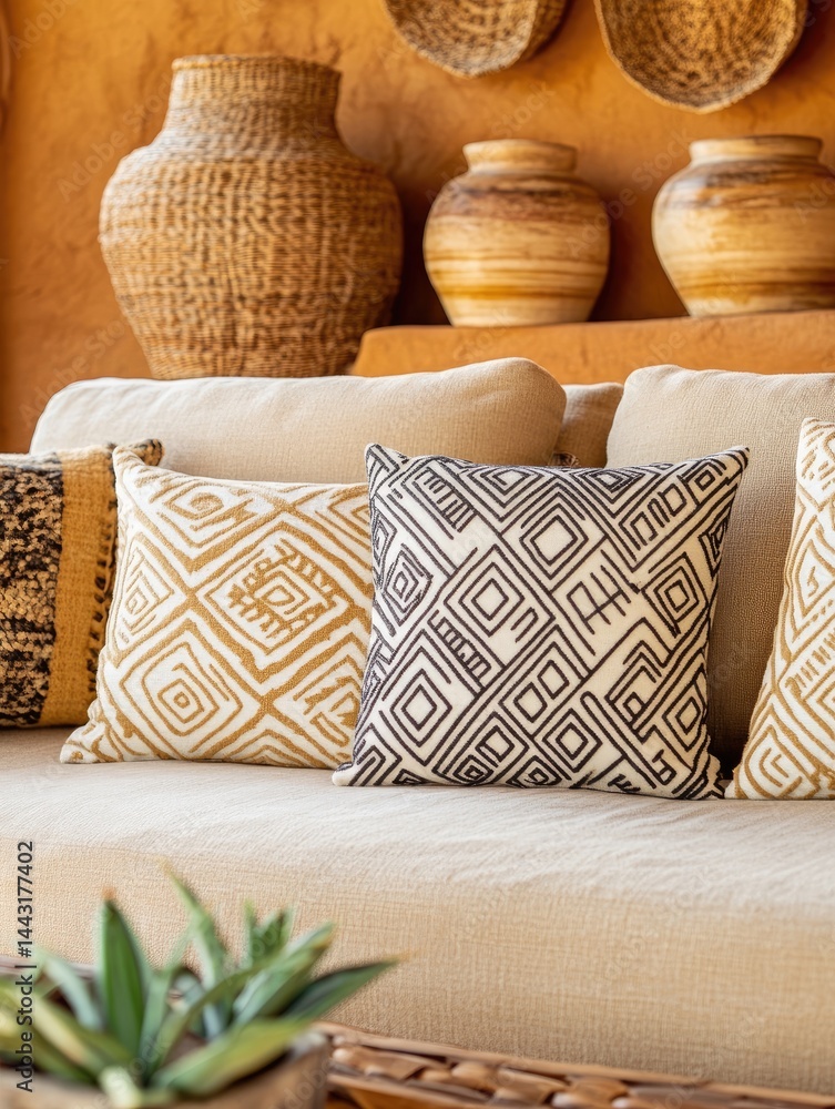 Aufkleber close-up view of generic cushions with geometric patterns and woven vases on a textured orange wall 