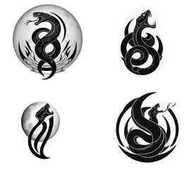 Coiled Snake Silhouette with Crescent Moon – Elegant Minimalist Vector Tattoo or Logo