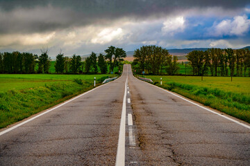 Carretera de asfalto cruzando una arbolada un día nublado.