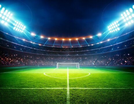 textured soccer game field with neon fog - center, midfield. Empty soccer stadium with spotl.jpg - Powered by Adobe