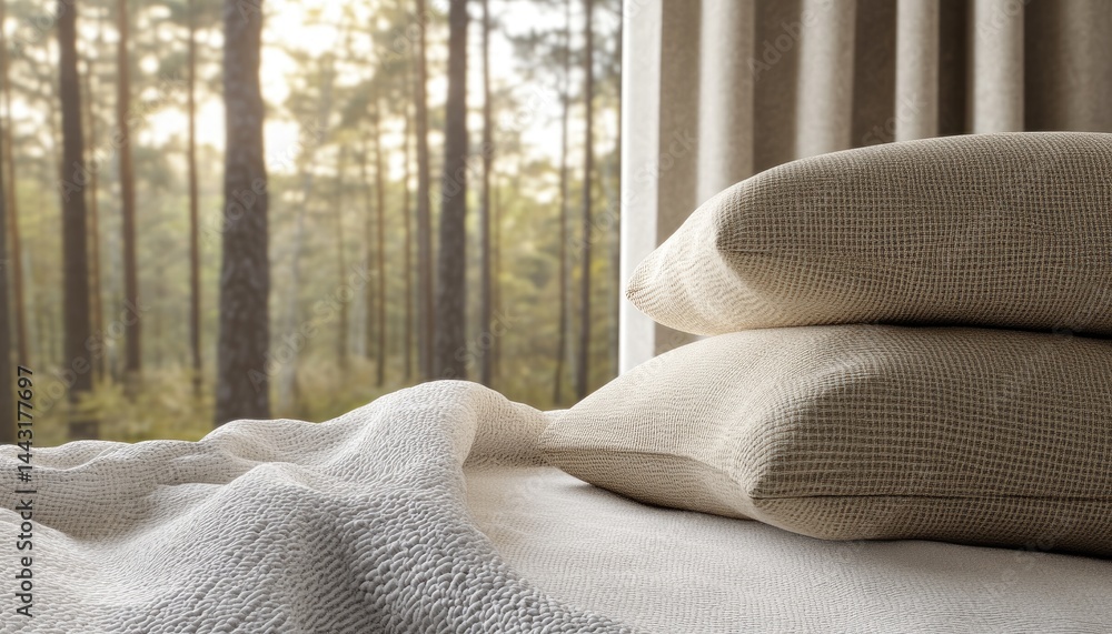 Poster close up of two textured pillows stacked on a bed with forest view in the background. soft focus on 
