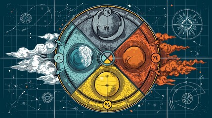 Colorful zodiac wheel depicting astrological symbols and cosmic elements in a celestial design