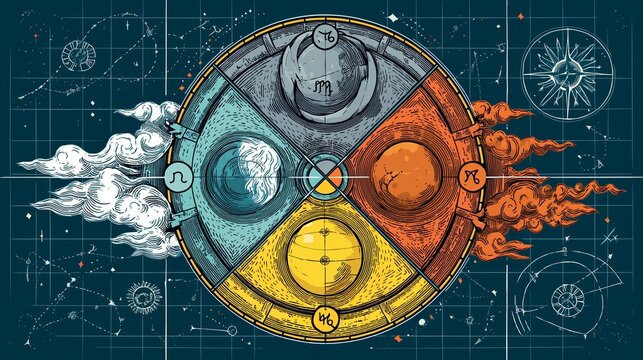 Colorful zodiac wheel depicting astrological symbols and cosmic elements in a celestial design