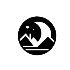 Minimalist Night Landscape Logo: Moon, Mountains, and House in Circle.
