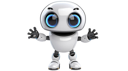 A cute white robot with big blue eyes standing with arms outstretched isolated on transparent background	