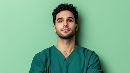Obraz premium Vaccines clinical awareness concept. Healthcare professional in scrubs against a green background.