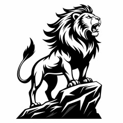 Fototapeta premium Black and White Silhouette of Roaring Lion Standing on Rock – Wildlife Vector Illustration