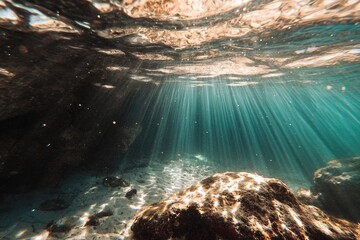 Sunlight streams into an underwater cave, illuminating the sandy bottom and rocks  Sunlight beams pierce the water, creating a mystical underwater scene