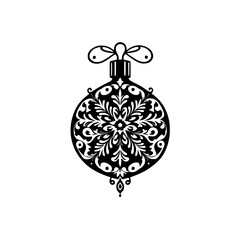Ornate Christmas Ornament Silhouette: Black and White Floral Design, Vector Illustration