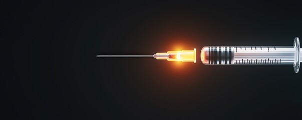 Vaccines clinical awareness concept. Syringe with glowing tip against a dark background.