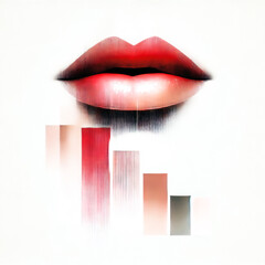 Glossy red lips float above abstract vertical bars on a soft white background, blending beauty and minimalism in a surreal, digital composition.