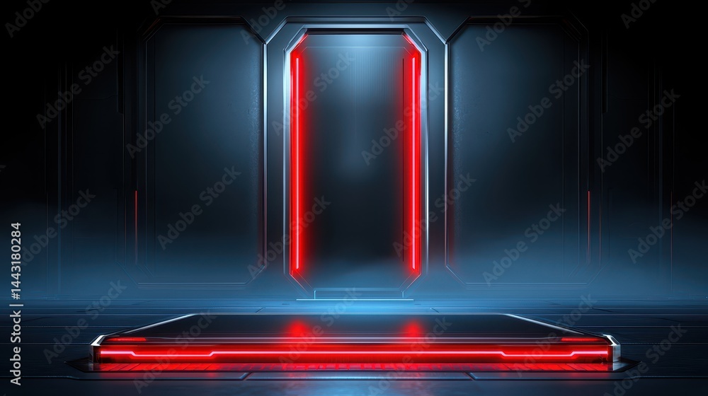 Poster illuminated mobile device, red light shines on the back of a phone in dark setting