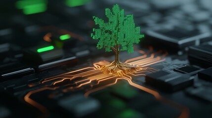Digital tree emerging from a circuit board symbolizing technology and nature integration in modern design