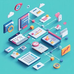 Obraz premium Symbol for managing workflow processes, 3D illustration, flat design, top view, project management theme, cartoon drawing, Complementary Color Scheme.