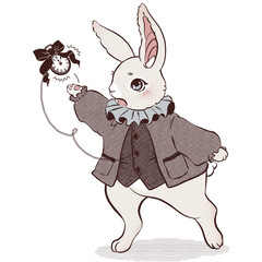 Cute White Rabbit with Pocket Watch – Vintage Illustration in Retro Comic Style