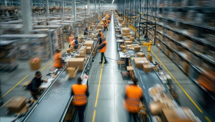 Fast-Paced Warehouse Conveyor Belt with Workers