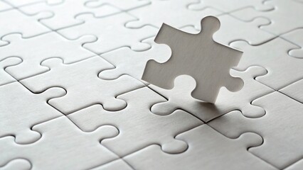 White jigsaw puzzle with one piece about to be placed into position