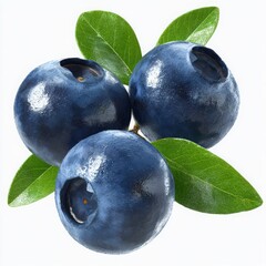 Obraz premium Three blueberries with leaves isolated on white background