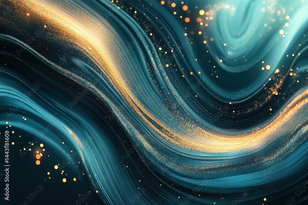 Poster captivating teal and gold abstract wave design with sparkling glitter accents creating a luxurious a