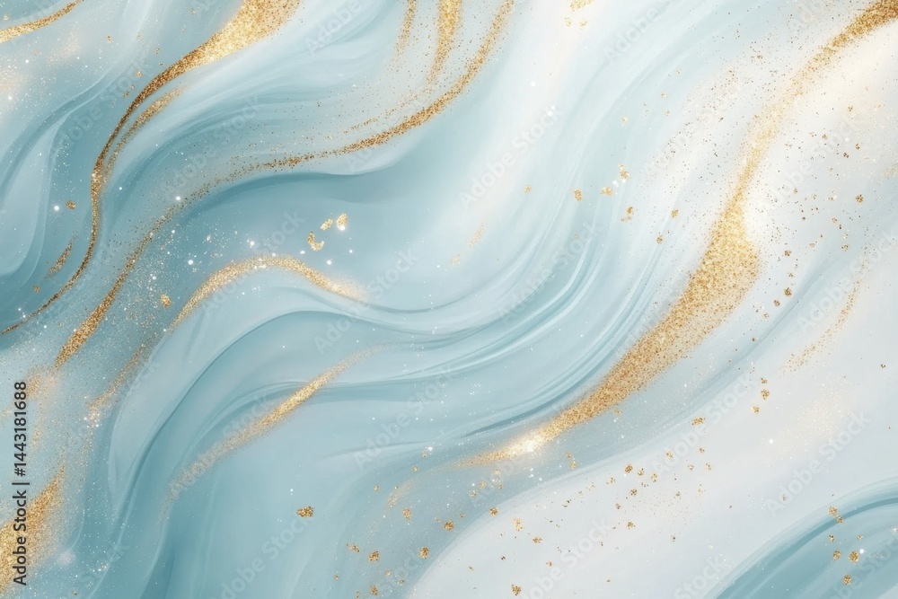 Poster elegant abstract background with flowing blue and white waves and golden glitter accents creating a 