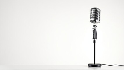 Obraz premium Minimalist Microphone Standing on White Background for Audio Recording