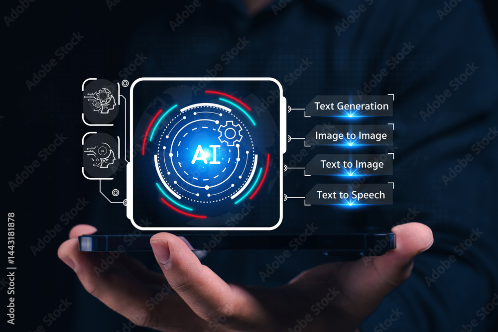 Poster innovative ai technologies digital workspace visual content high-tech environment future-driven solu