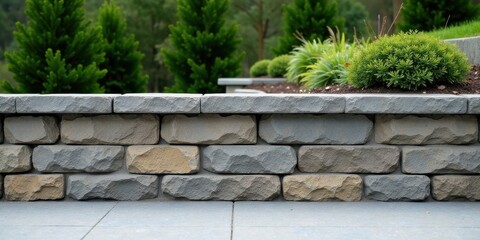 Rustic Stone Retaining Wall in a Serene Garden Setting with Lush Greenery