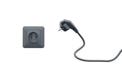 Black electric plug with cable nearby black socket. Minimalist design. Isolated on transparent background. 3d illustration