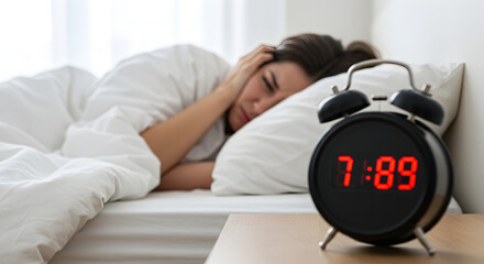 Frustrated Woman Covering Ears Next to Red Digital Alarm Clock on Bedside Table in White Bedroom