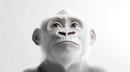 Close-up of a pensive, white gorilla.  A young, thoughtful primate looking upward, highlighting its facial features against a stark white background