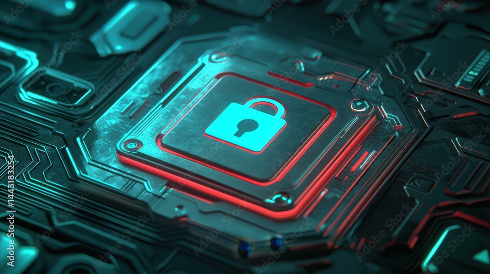 Poster computer chip locked down, a visual representation of cybersecurity and data protection