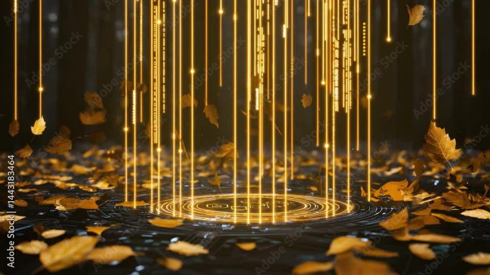 Aufkleber magical autumn scene with floating leaves and glowing digital elements in a forest environment