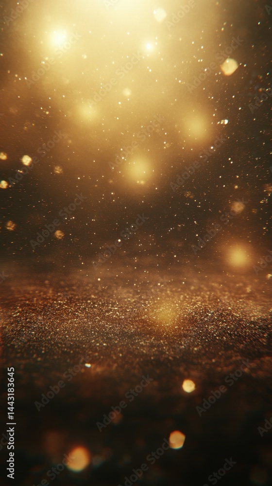 Poster shimmering golden dust illuminated by radiant light creating a magical atmosphere with bokeh effects