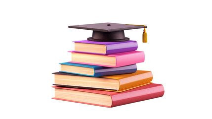 Graduation cap resting on a stack of colorful books education theme isolated on transparent background	
