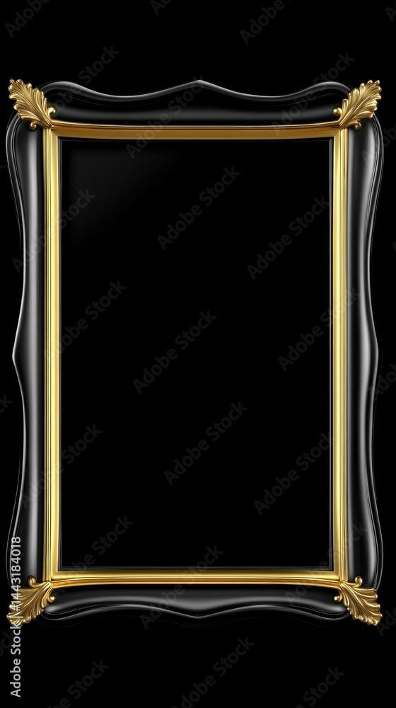 Poster elegant black and gold ornate picture frame with leaf accents on a black background creating a luxur