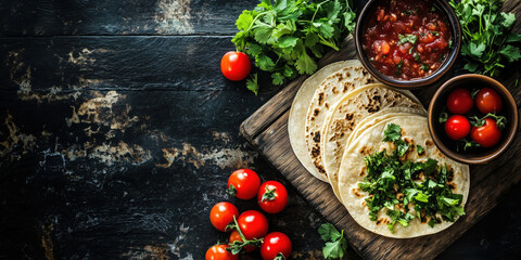 Delicious homemade tortillas with fresh salsa, tomatoes, and cilantro on rustic wooden table.