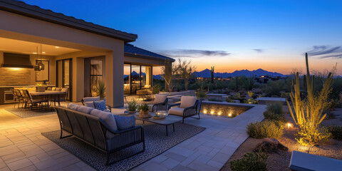 Fototapeta premium Stunning desert patio at twilight with mountain views and modern outdoor furniture.