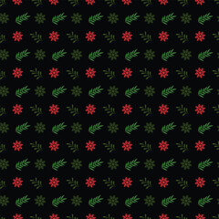 Festive Winter Holiday Pattern with Red Snowflakes and Green Leaves on Black