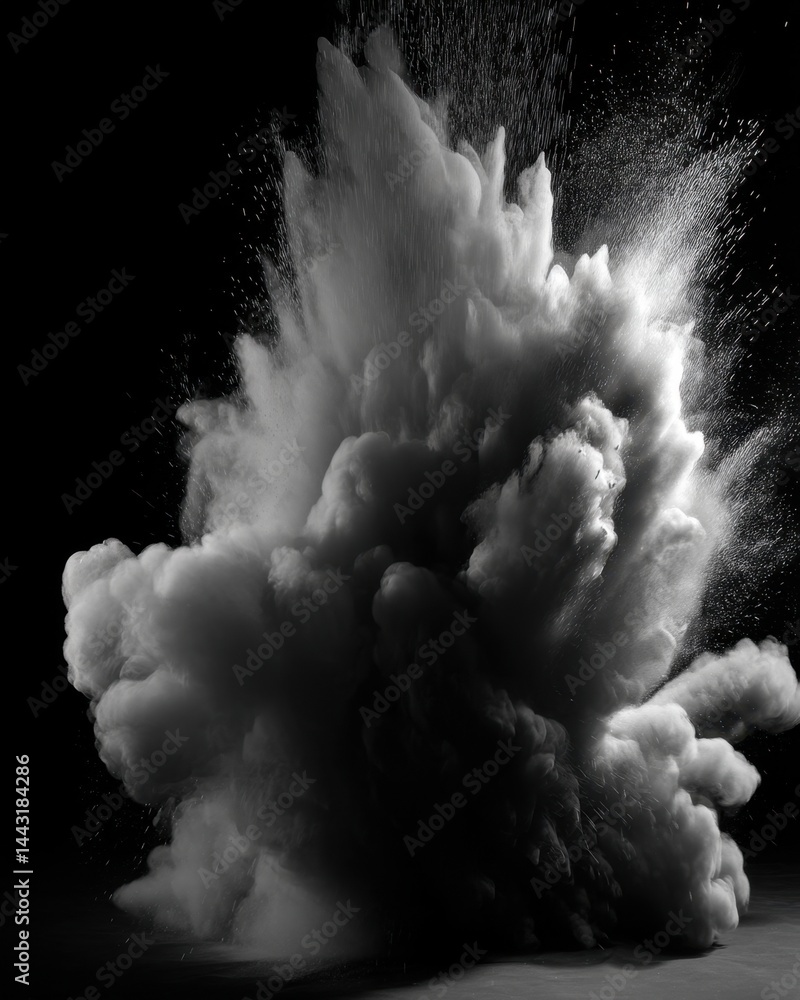 Poster dramatic monochrome explosion of powder paint against a stark black backdrop creating a dynamic and 