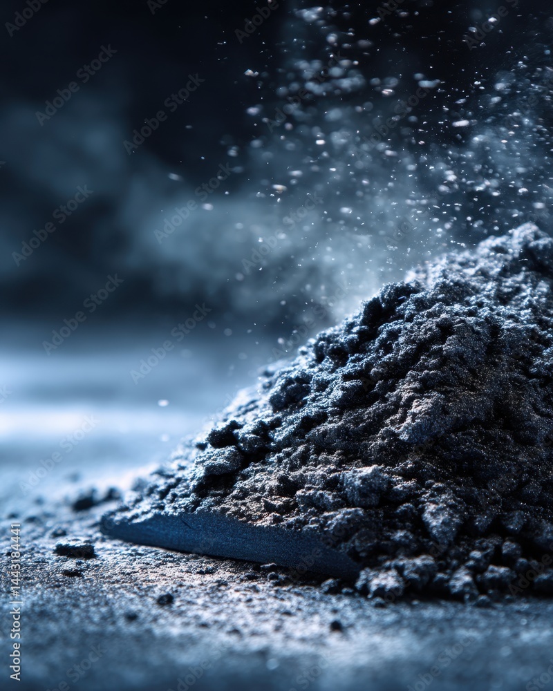 Poster abstract macro photography showcasing a dark powder pile with dust particles floating in the air cre