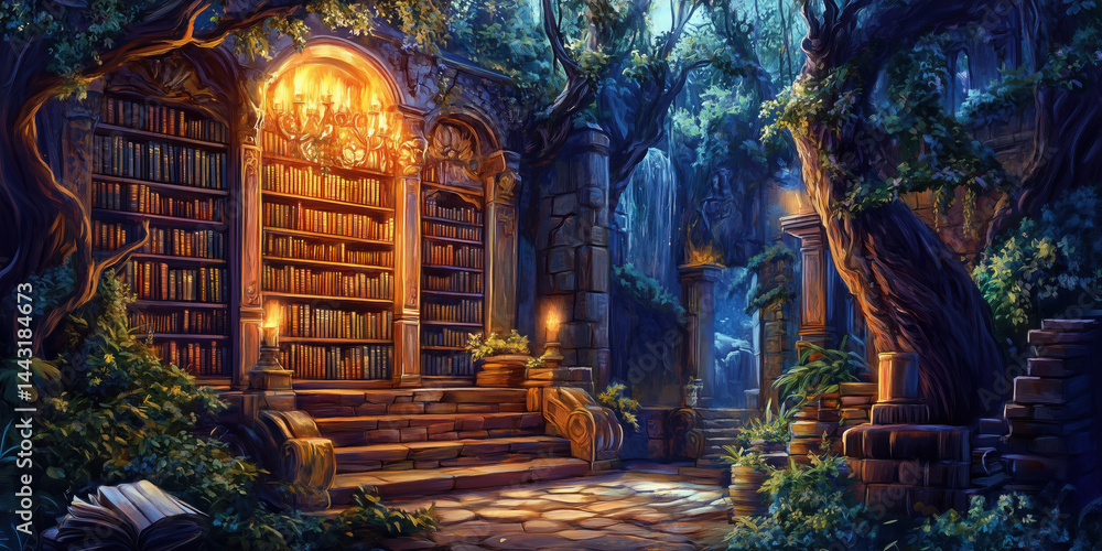 Poster enchanting library hidden in mystical forest with ancient books and glowing chandelier.