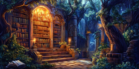 Enchanting library hidden in mystical forest with ancient books and glowing chandelier.