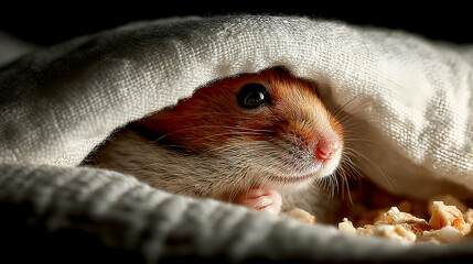 Adorable Syrian hamster peeking out from under a soft, white blanket, close-up shot highlighting its fluffy fur and curious expression.