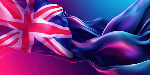 Fototapeta premium British flag waving in vibrant abstract background with flowing fabric design.