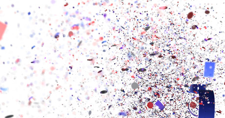 Vibrant red, blue, and white confetti bursts. Perfect for celebration, party, or festive designs.