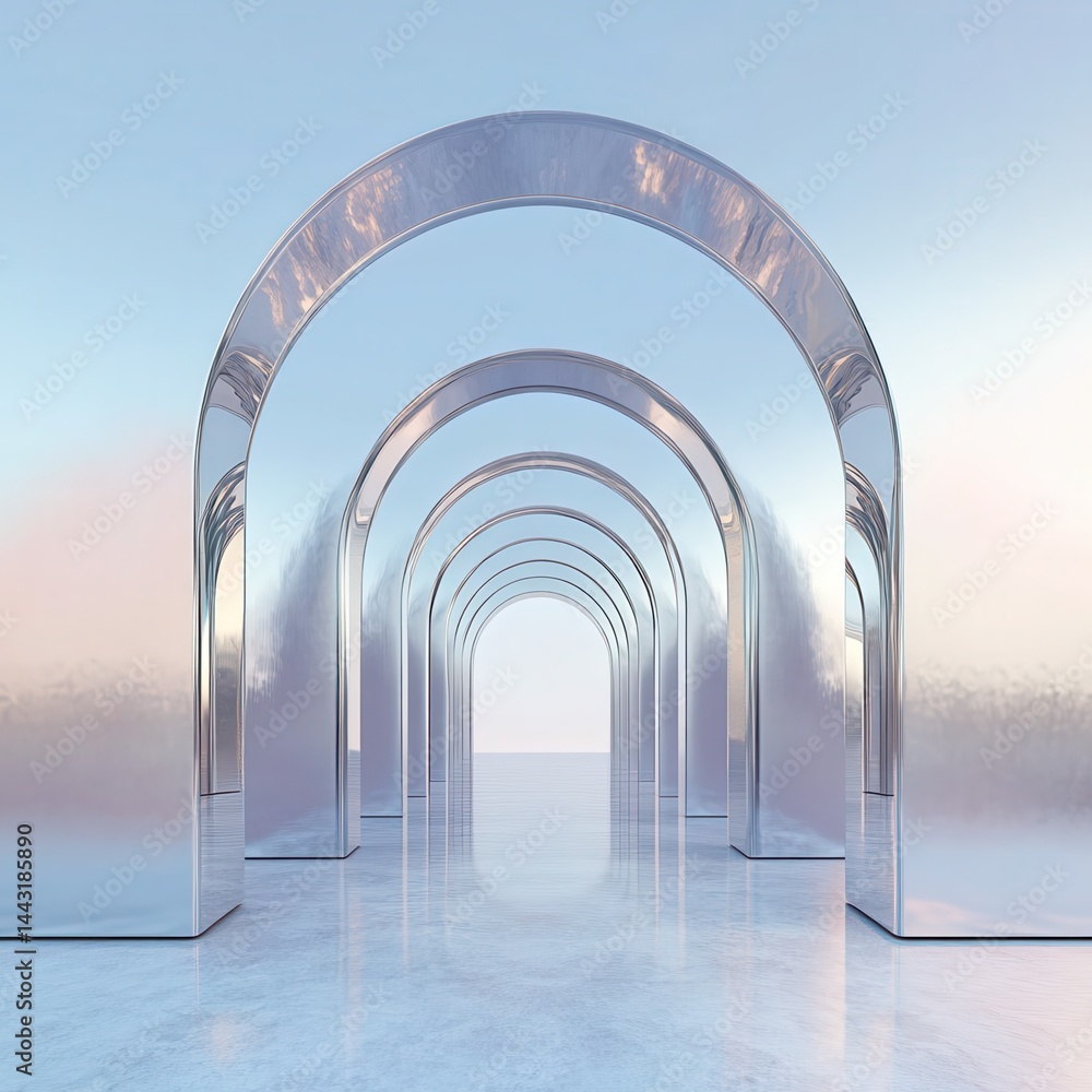Poster 3d illustration of abstract minimal architecture background, geometric architectural with chrome or 