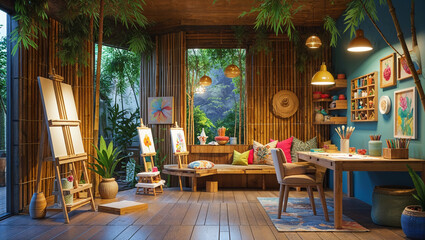 Fototapeta premium Brightly lit artist studio interior with art supplies and natural bamboo design