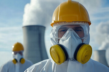 Generative AI image of nuclear power plant worker in hazmat suit with full face respirator mask