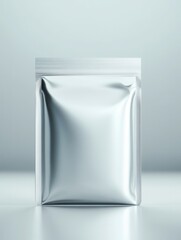 Silver foil pouch mockup for food product packaging in studio shot with soft lighting and clean background emphasizing modern design and minimalist aesthetic