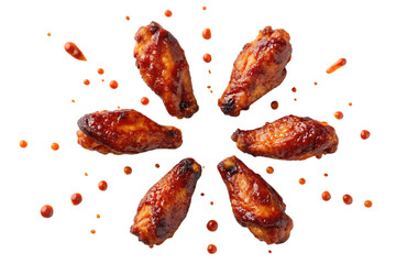 Delicious BBQ chicken wings flying glazed tasty with sauce splatters